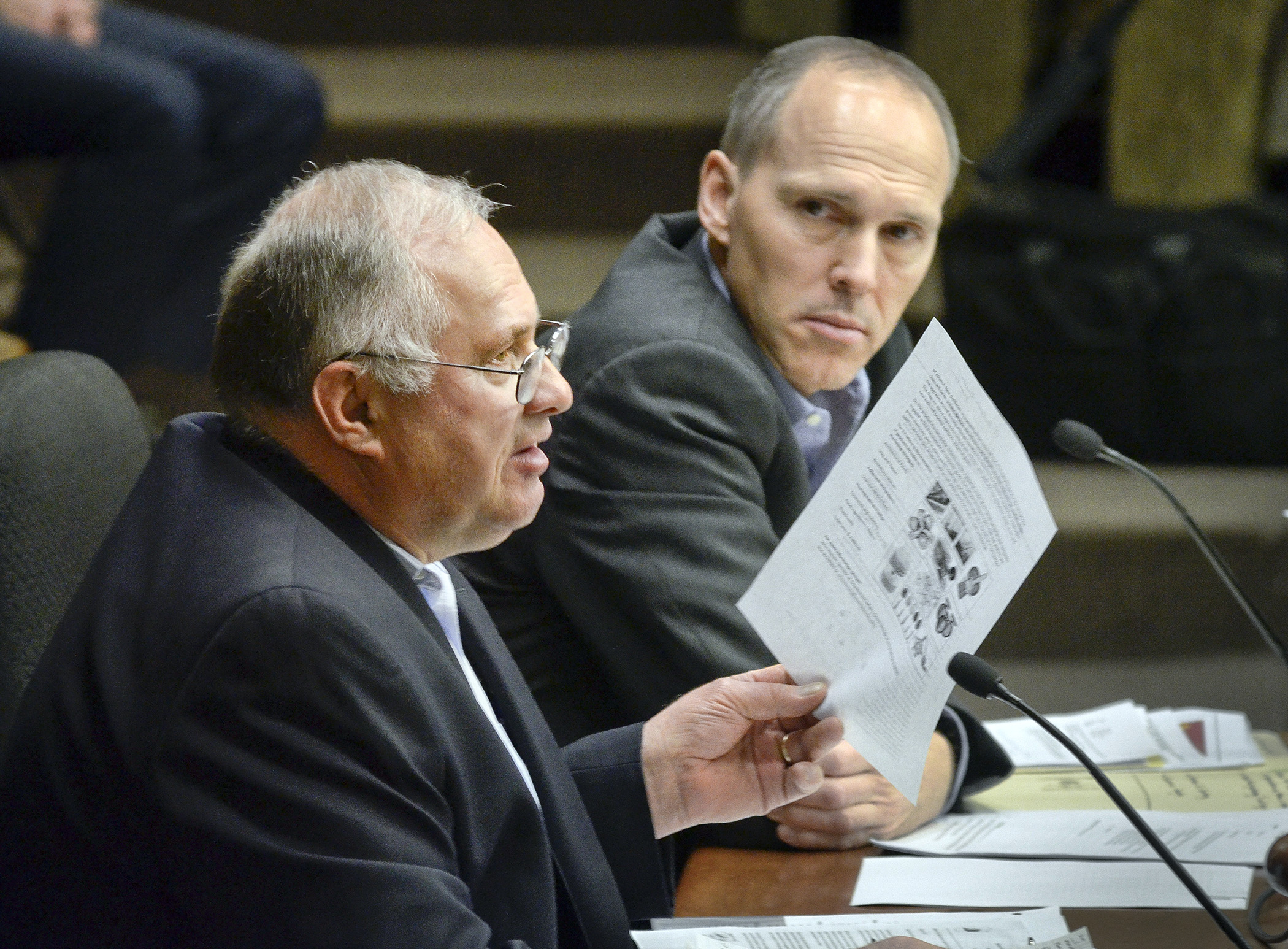 Larry Novakoske, chief financial officer at Central MN Ethanol Co-op, testifies in support of a bill sponsored by Rep. Rod Hamilton, right, to establish advanced biofuel, renewable chemical and biomass production incentive programs. Photo by Andrew VonBank.